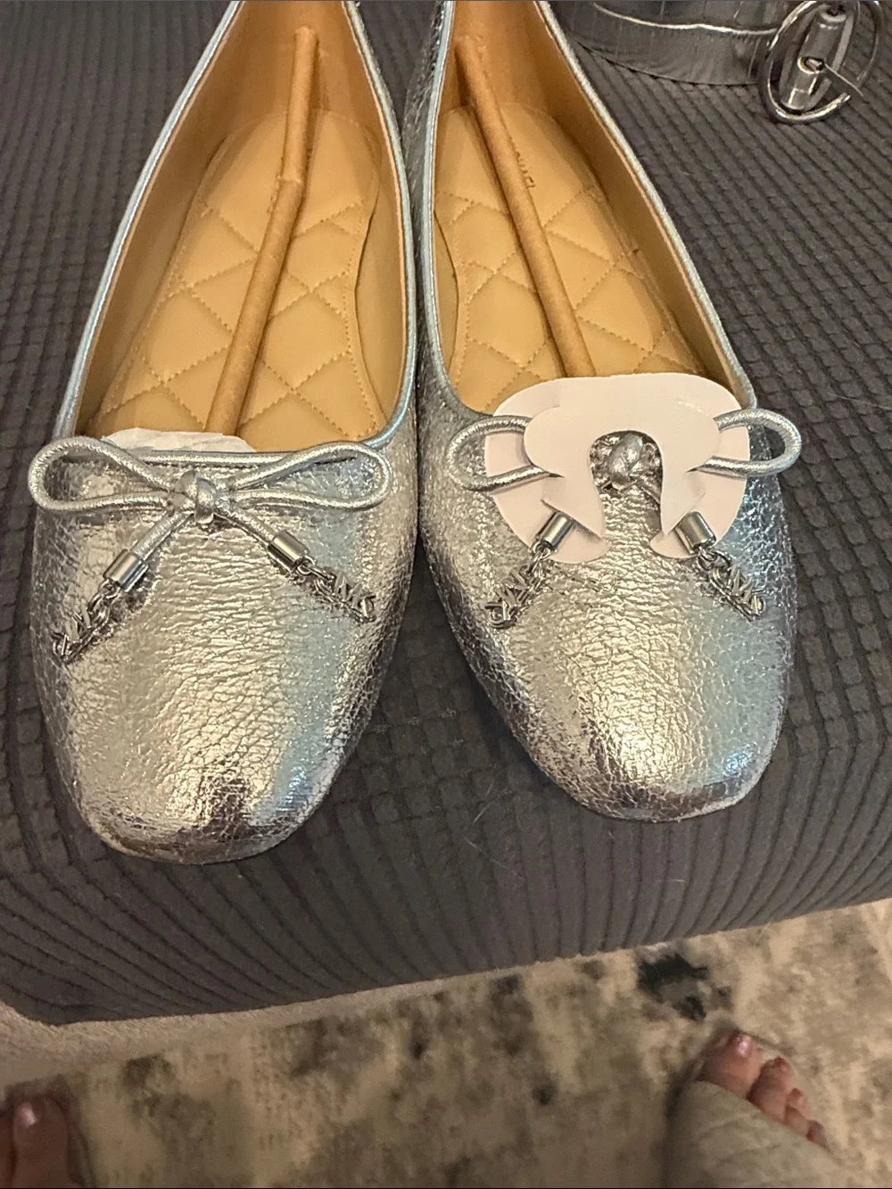 Michael Kors Metallic Silver Ballet Flats with Bow Accent